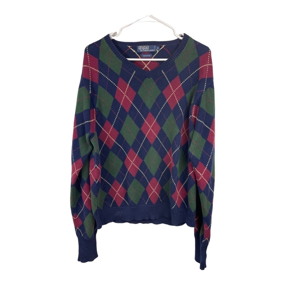 Vintage 90s Polo Ralph Lauren Pullover Sweater Mens sz M Blue‎ Red Green Argyle